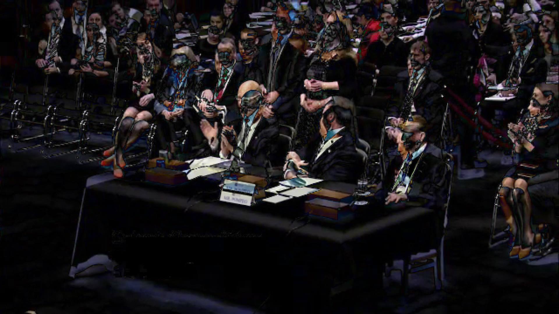 an image of a congressional hearing, but the image is doubled and selectively inverted in a way that makes the figures seem strange and monstrous